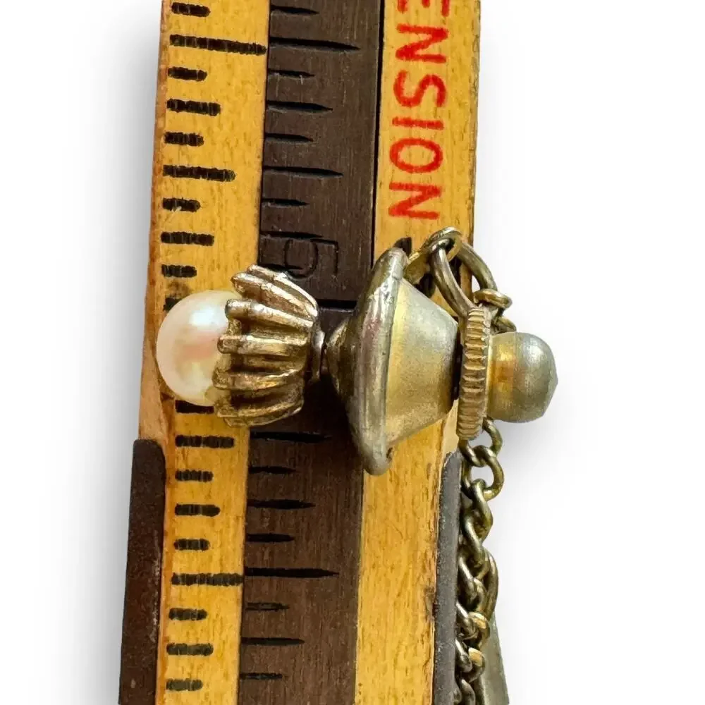 Vintage Bronze Tone Cream Pearl Brutalist Tie Tack/Pin 1950s w Chain and Bar